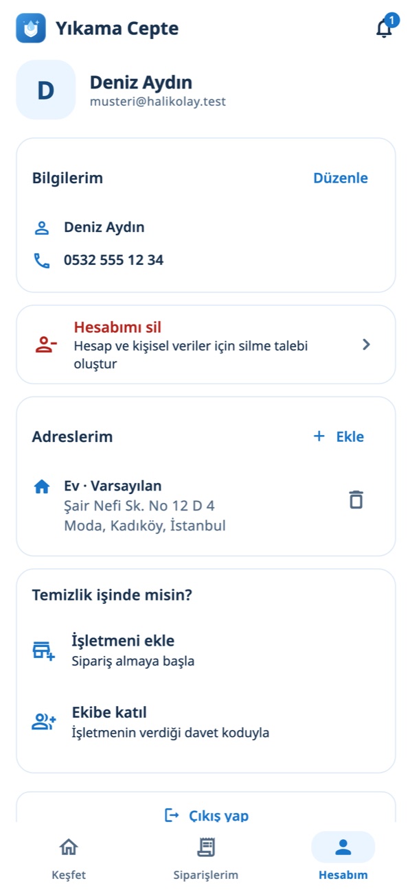 Hesabım ekranı: adresler ve hesap ayarları