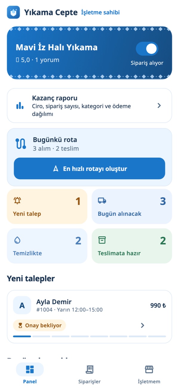 İşletme paneli: yeni talepler, bugünkü rota ve kazanç raporu